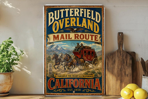 A vintage-style poster advertising the "Butterfield Overland Mail Route" in California, featuring a stagecoach traveling through the state.