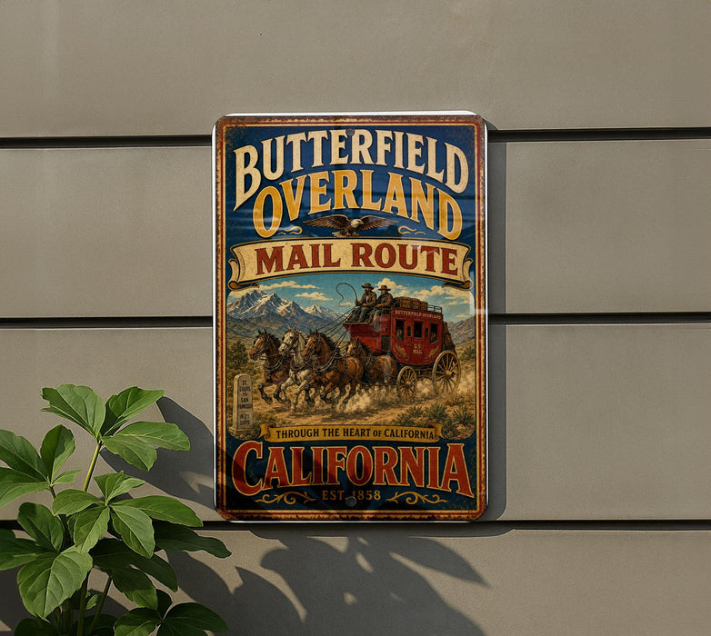 A vintage-style metal sign for Butterfield Overland Mail Route, featuring a stagecoach traveling through the mountains of California.