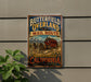 A vintage-style metal sign for Butterfield Overland Mail Route, featuring a stagecoach traveling through the mountains of California.