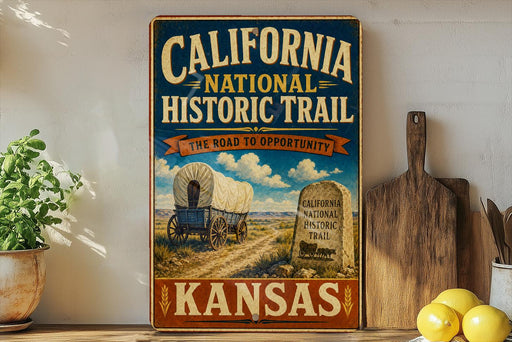 A vintage-style sign for the California National Historic Trail, featuring an illustration of a wagon train on a dirt road and a monument, with the text "California National Historic Trail" and "The road to opportunity" prominently displayed.