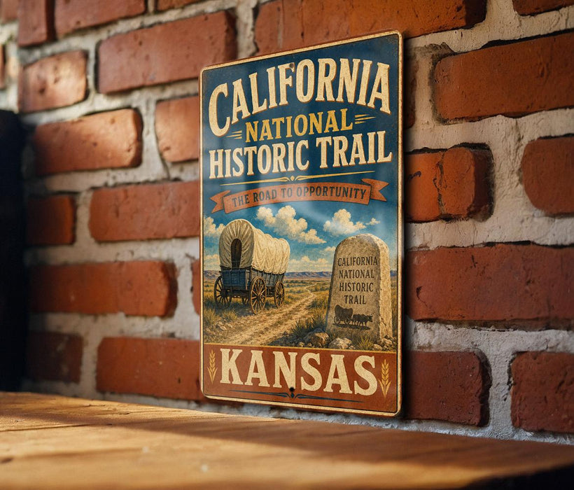 A vintage-style metal sign for the Kansas portion of the California National Historic Trail, featuring an illustration of a wagon on a dirt road and a monument.