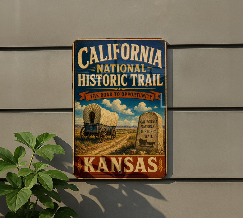 A vintage-style sign for the California National Historic Trail, featuring an illustration of a covered wagon and a monument, mounted on a wall.
