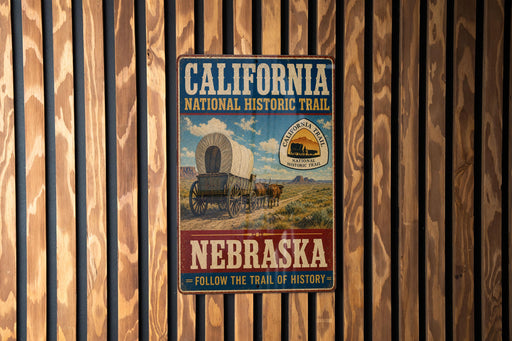A vintage-style metal sign for the California National Historic Trail in Nebraska, featuring an illustration of a covered wagon and the text "Follow the Trail of History".