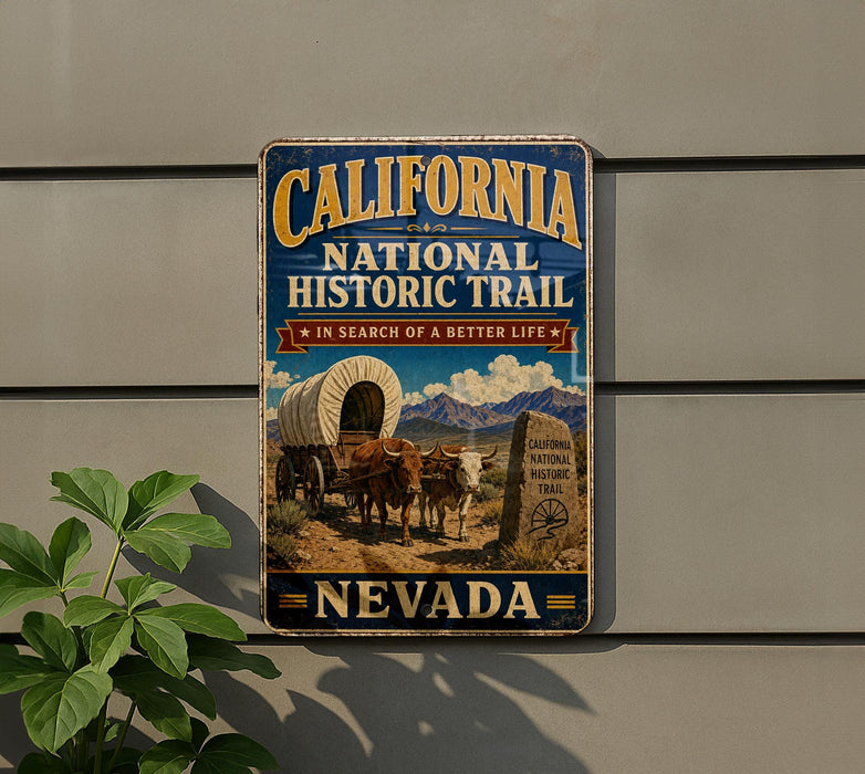 A vintage-style metal sign for the California National Historic Trail in Nevada, featuring an illustration of a covered wagon and a sign that says "California National Historic Trail" and " Nevada".