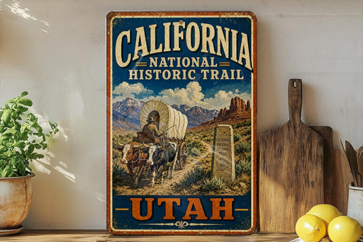 A vintage-style metal sign with the text "California National Historic Trail - Utah" and an illustration of a wagon on a trail in a desert landscape with mountains in the background.
