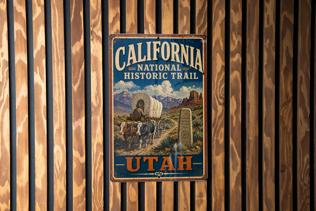 A vintage-style metal sign for the California-National Historic Trail, featuring an illustration of a person on a wagon and the text "California National Historic Trail" and "UTAH".