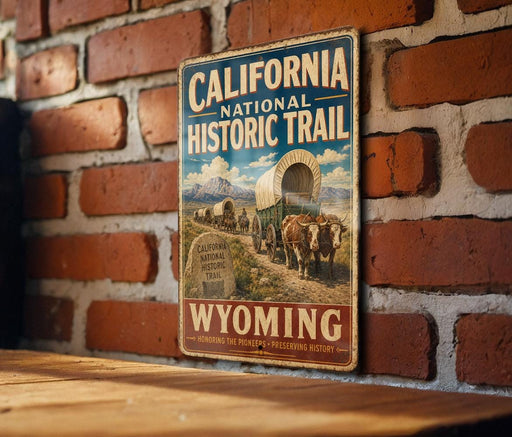 A vintage-style metal sign for the California National Historic Trail in Wyoming, featuring an illustration of a wagon train and mountains in the background.