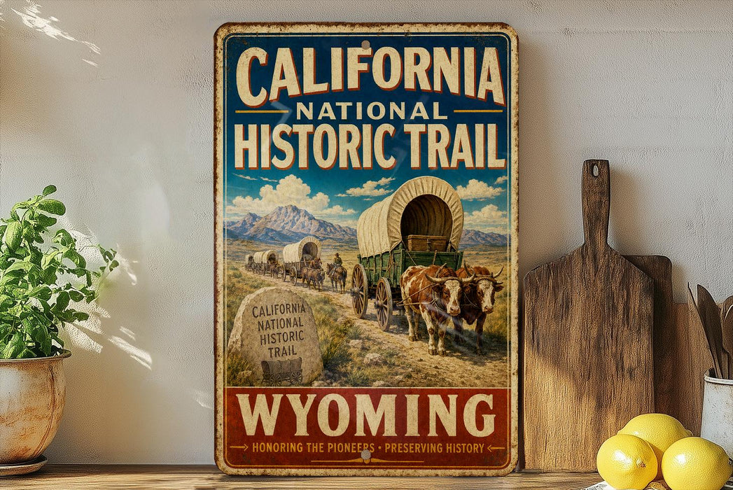 A vintage-style metal sign for the California National Historic Trail, featuring an illustration of a wagon train traveling through a scenic landscape with mountains in the background.