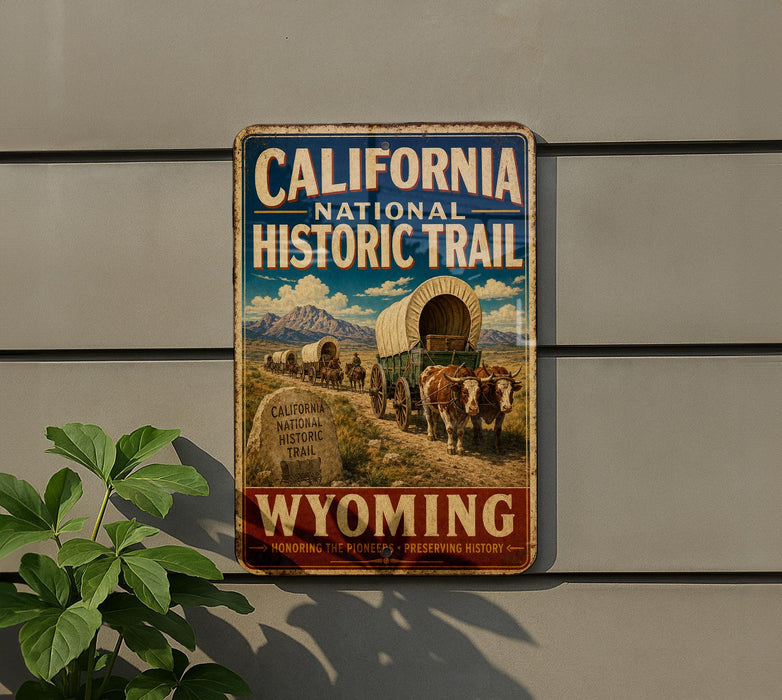 A vintage-style metal sign for the California National Historic Trail, featuring an illustration of a wagon train traveling through a desert landscape with mountains in the background.