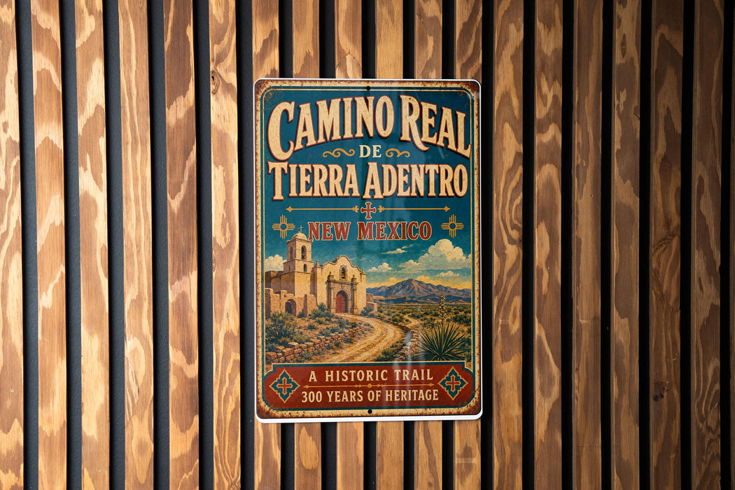 A vintage-style metal sign for the Camino Real de Tierra Adentro trail in New Mexico, featuring a historical trail and a desert landscape.