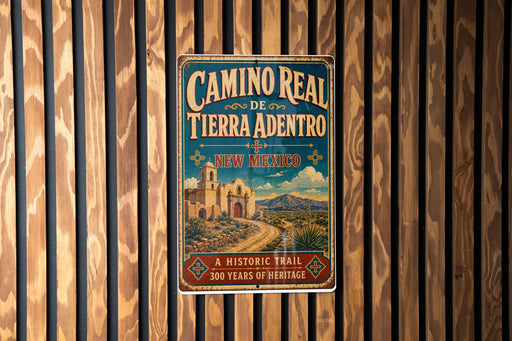 A vintage-style metal sign for the Camino Real de Tierra Adentro trail in New Mexico, featuring a historical trail and a desert landscape.