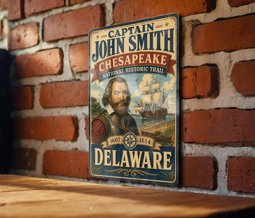 A vintage-style metal sign featuring a portrait of a bearded man with a beard, along with text indicating the location of the Chesapeake Historic Trail in Delaware.