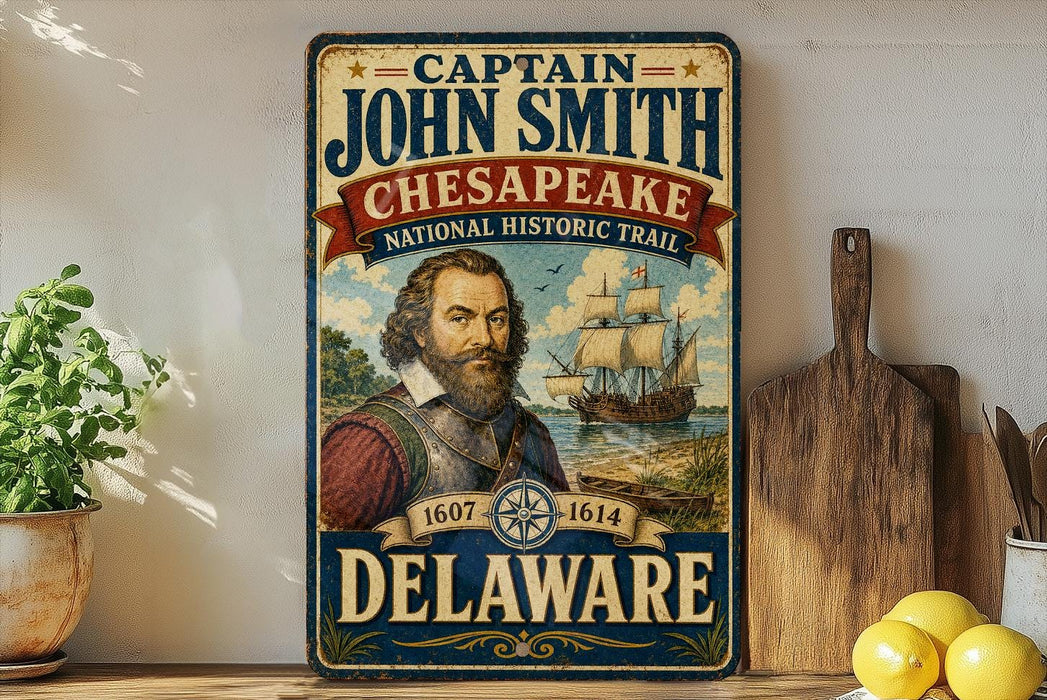 A vintage-style sign featuring a portrait of a bearded man, with text indicating that he is Captain John Smith from the Chesapeake National Historic Trail in Delaware.