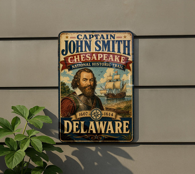 a metal sign with a portrait of a man, likely depicting John Smith, the first Englishman to live in the United States. The sign is mounted on a wall and is surrounded by greenery, including a plant.
