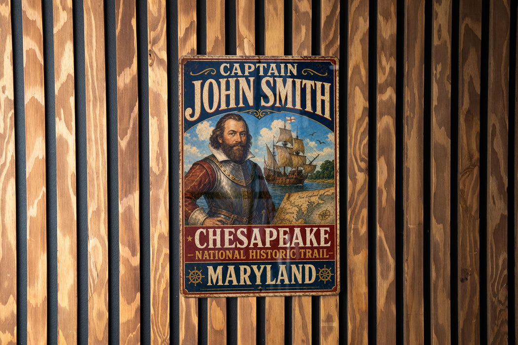 A vintage metal sign featuring a portrait of a man with a beard, mounted on a wooden wall.