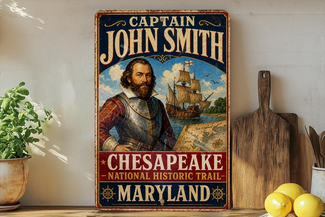 A vintage-style metal sign featuring a portrait of a bearded man, with the text "CAPTAIN JOHN SMITH" and "CHESAPEAKE - NATIONAL HISTORIC TRAIL - MARYLAND" displayed prominently.