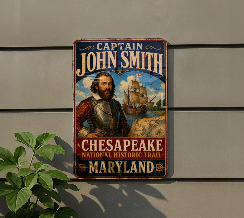 A metal sign featuring a portrait of a bearded man, with the text "CAPTAIN JOHN SMITH" and "CHESAPPEAK" prominently displayed. The sign is mounted on a gray wall, with a plant visible to the left.