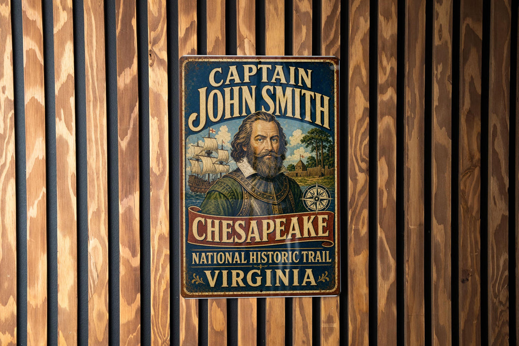 A vintage-style metal sign with the text "CAPTAIN JOHN SMITH" and "CHESAPEKE NATIONAL HISTORIC TRAIL VIRGINIA" is displayed on a wooden wall.