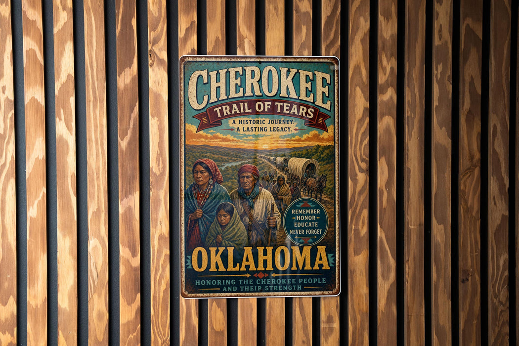 A vintage metal sign with the title "CHEROKEE TRAIL OF TEARS" hangs on a wooden wall.