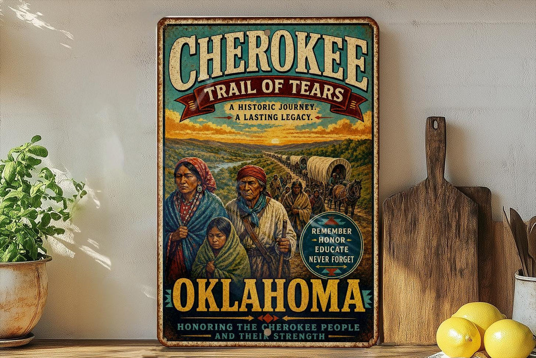 a vintage-style poster of the Trail of Tears, a historic journey of the Cherokee people, with a focus on Oklahoma.