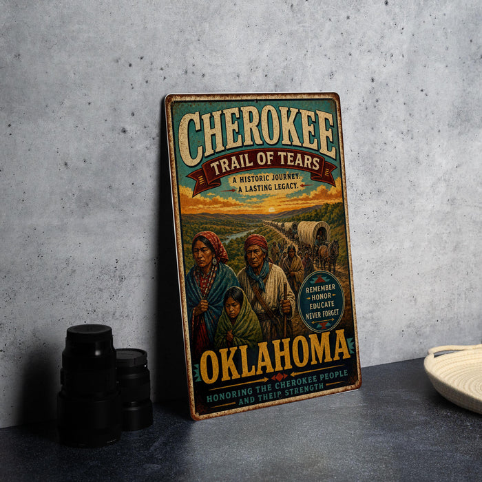 a vintage-style metal sign with a colorful illustration of a group of people on a trail, along with text that reads "CHEROKEE TRAIL OF TEARS A HISTORIC JOURNEY A LASTING LEGACY OOKAHOMA HONORING THE CHEROKEE PEOPLE AND THEIR STRENGTH".
