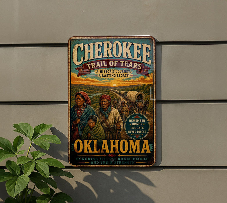 A vintage-style metal sign for the Cherokee Trail of Tears, featuring a colorful illustration of a group of people on a wagon train traveling through a scenic landscape.