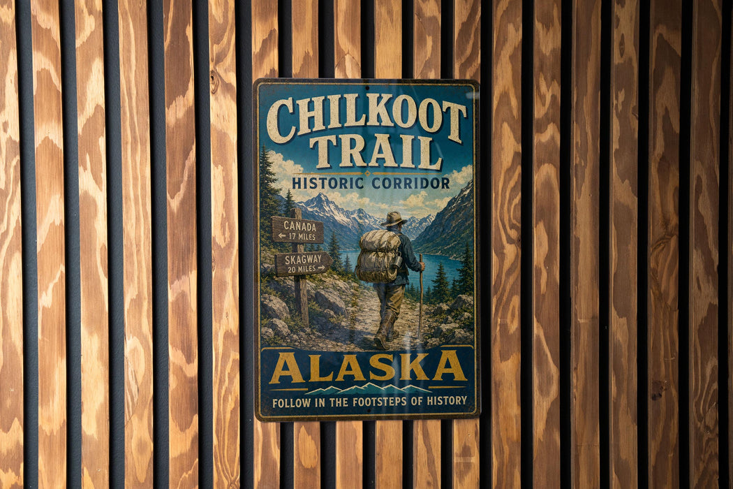 A metal sign on a wooden wall that reads "CHILKOOT TRAIL HISTORIC CORRIOR ALASKA" with a picture of a hiker and mountains in the background.