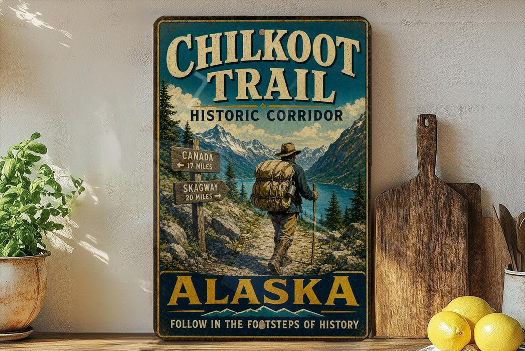 A vintage-style metal sign for the Chilkoot Trail Historic Corridor in Alaska, featuring a hiker on a trail surrounded by mountains and a scenic landscape.