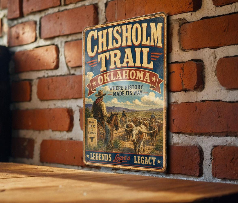 A vintage-style metal sign for the Chisholm Trail in Oklahoma, featuring a cowboy and a herd of cattle in a desert landscape.