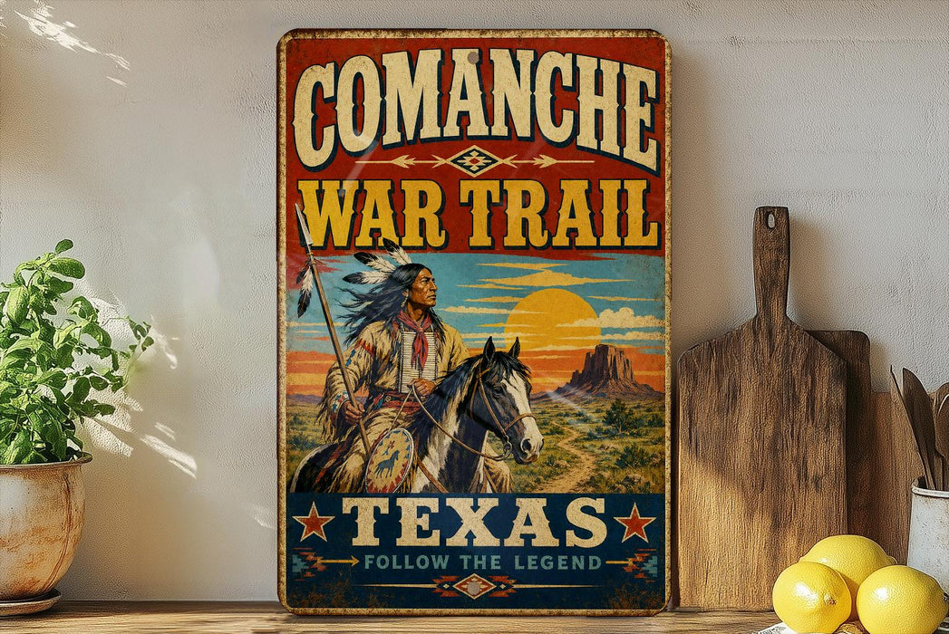 a vintage-style sign with a Native American figure riding a horse, set against a desert landscape with mountains in the background. The sign is titled "COMANCHE WAR TRAIL TEXAS" and includes the phrase "FOLLOW THE LEGEND" at the bottom.