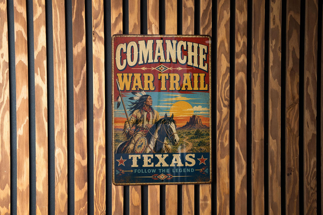 a vintage metal sign with a cowboy on horseback, mounted on a wooden wall.