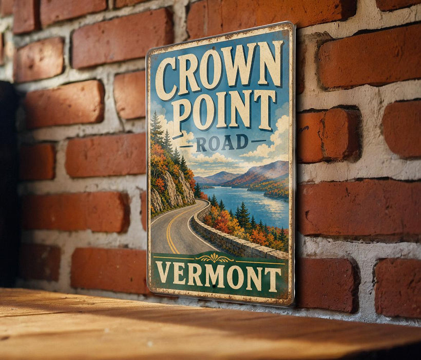 A vintage metal sign for the Crown Point Road in Vermont, featuring a scenic mountain landscape with a winding road and a lake.