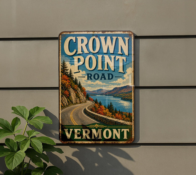A vintage metal sign for the Crown Point Road in Vermont, featuring a scenic road winding through a mountainous landscape with a lake in the background.