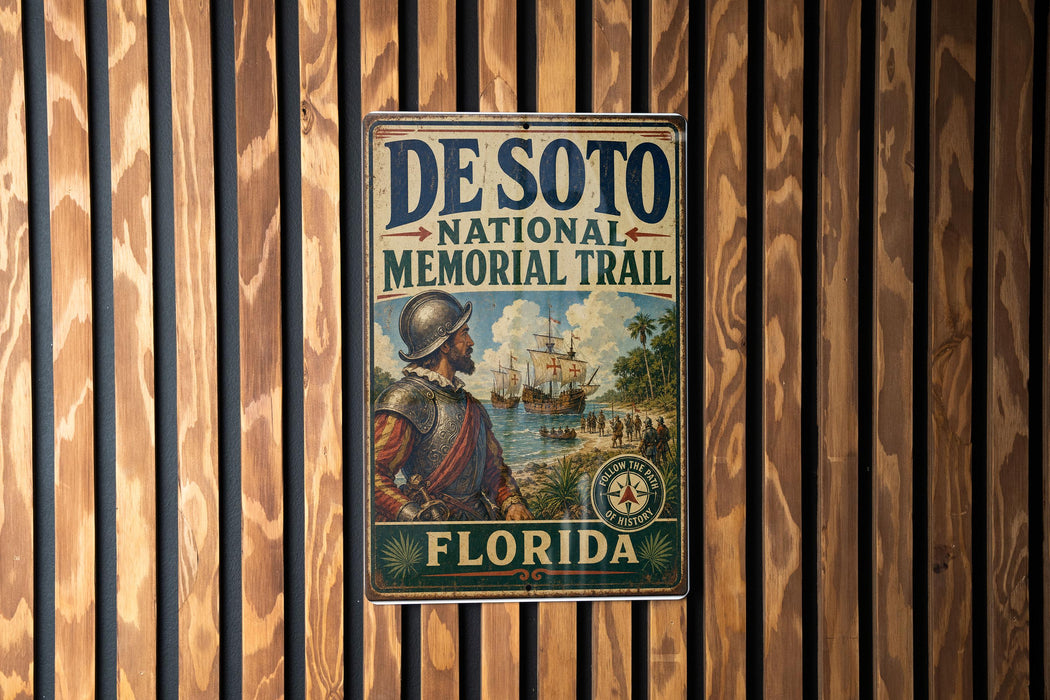 A vintage metal sign for the De Soto National Memorial Trail in Florida, featuring a historical illustration of a man in period attire and a ship in the background.