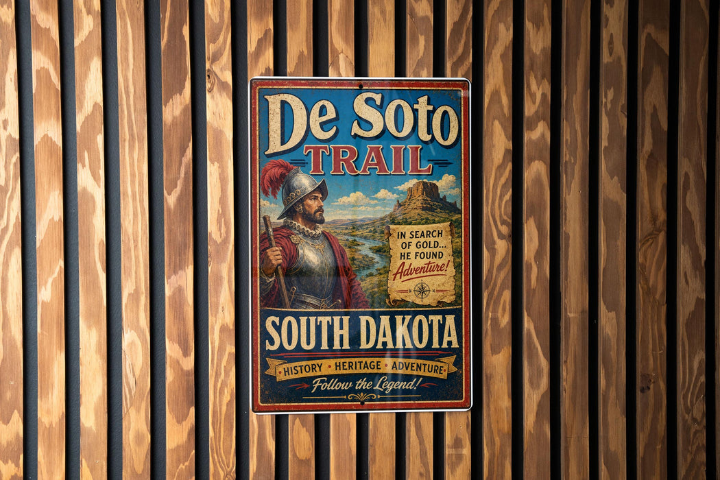 A vintage-style metal sign for the De Soto Trail in South Dakota, featuring a knight in armor and a desert landscape.