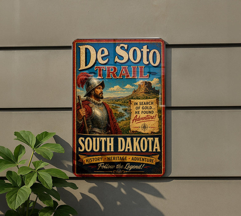 A vintage metal sign advertising the De Soto Trail in South Dakota, featuring a knight in armor and a mountain landscape.