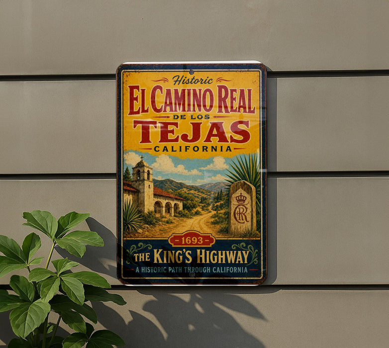 A vintage-style metal sign for the historic El Camino Real in Tejas, California, featuring a scenic illustration of the historic route and landmarks.
