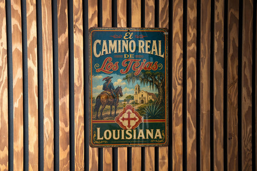 A vintage metal sign with the text "El Camino Real de los Tejas Louisiana" hanging on a wooden wall.