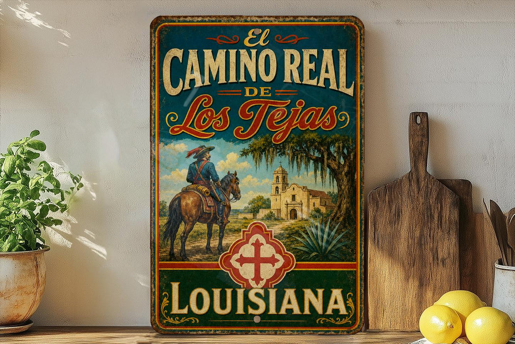 A vintage-style metal sign with the text "El Camino Real de Los Tejas Louisiana" displayed on it, featuring an illustration of a cowboy on a horse and a Spanish-style building.