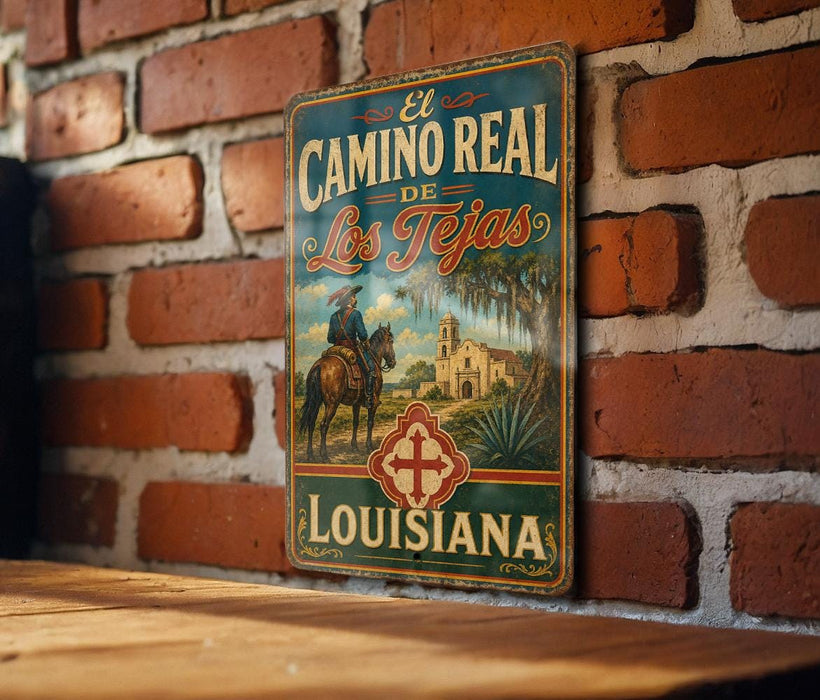 A vintage-style metal sign with the text "El Camino Real de los Tejas Louisiana" hanging on a brick wall.