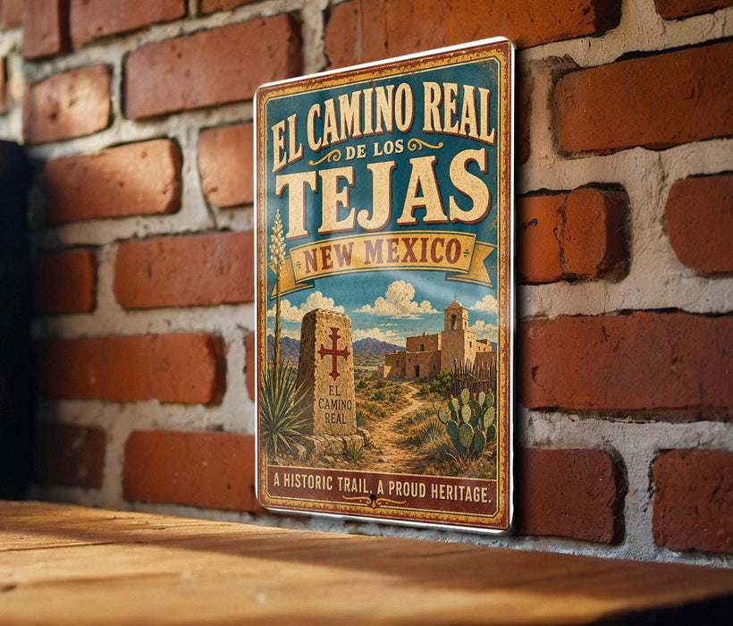 A vintage-style sign for the Camino Real trail in New Mexico, featuring a desert landscape with a cactus and a building in the background.