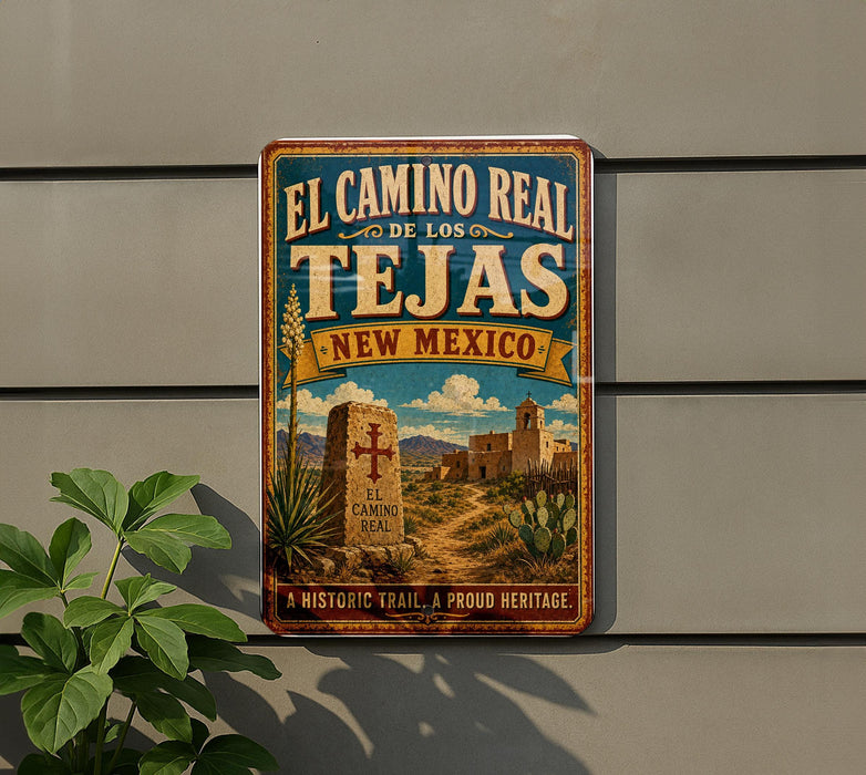 A vintage-style metal sign advertising the Camino Real, a historic trail in New Mexico, with a desert landscape and a cactus in the background.