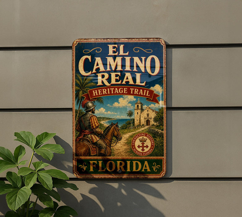 a vintage-style metal sign with a tropical scene, mounted on a wall next to a plant.