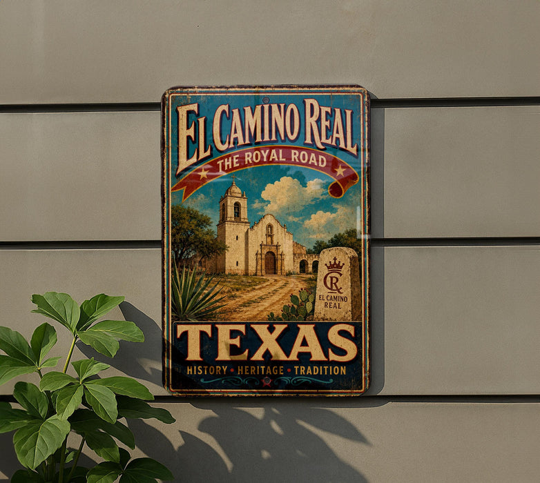A vintage-style metal sign with the text "El Camino Real" and "The Royal Road" is displayed on a wall, featuring an illustration of a historic building and a desert landscape.