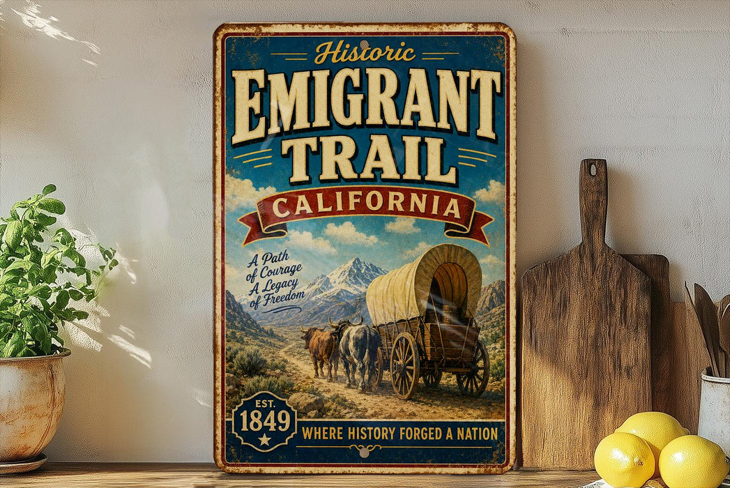 A vintage-style metal sign for the historic Emigrant Trail in California, featuring a wagon train and mountains in the background.