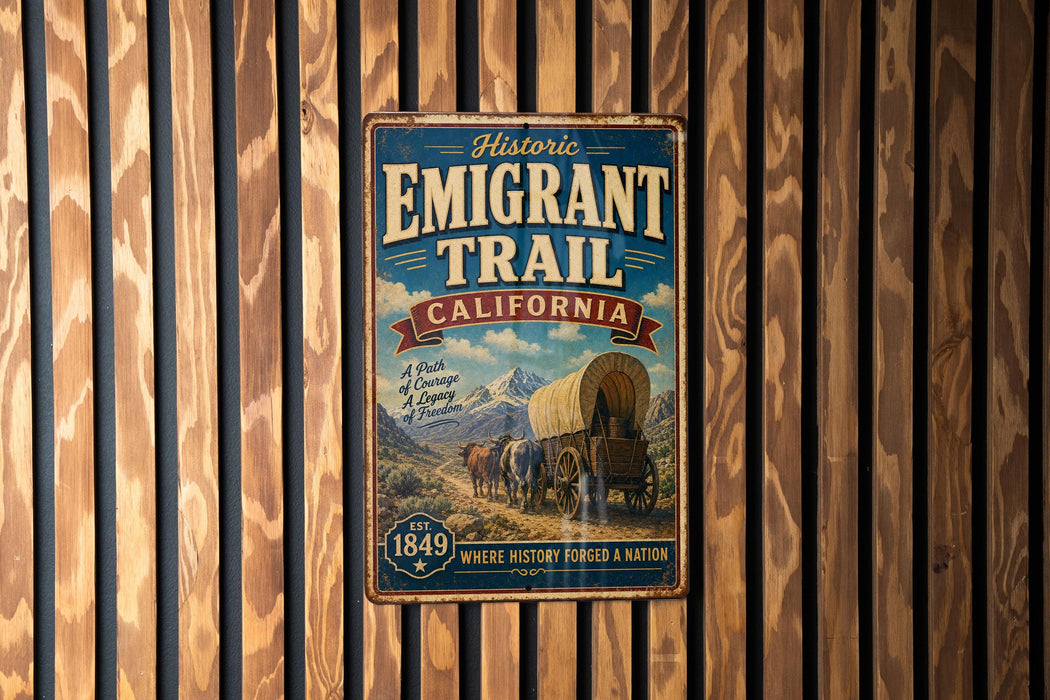 A vintage metal sign for the Historic Emigrant Trail in California, featuring an illustration of a covered wagon and mountains in the background.