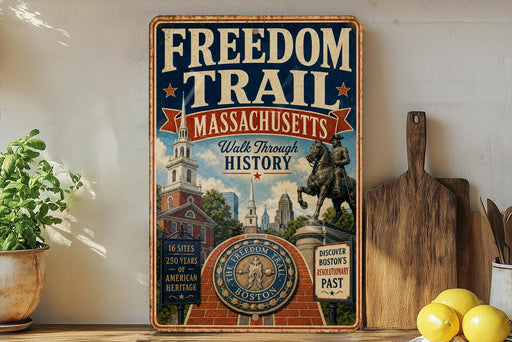a vintage-style sign for the Freedom Trail in Massachusetts, with a statue of a man on a horse in the background. The sign is displayed on a shelf, surrounded by various kitchen items such as a cutting board, a lemon, and a potted plant.
