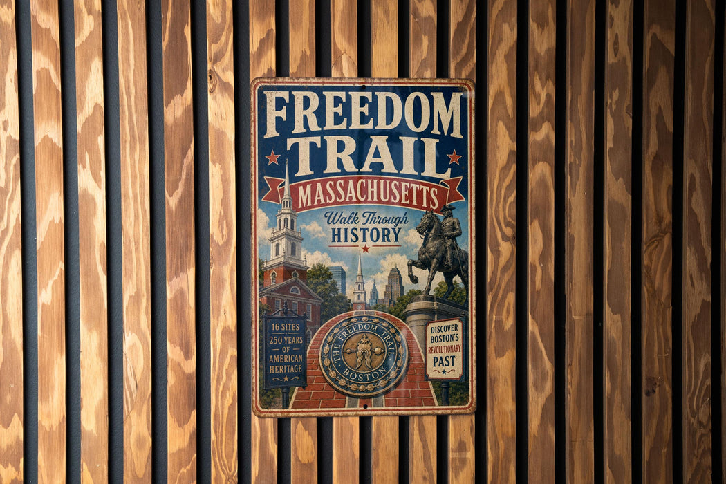 a metal sign with a vintage design, mounted on a wooden wall.