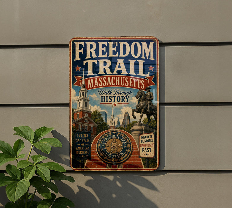 a vintage-style metal sign with the title "Freedom Trail" and the subtitle "Massachusetts Walk Through History", mounted on a wall.