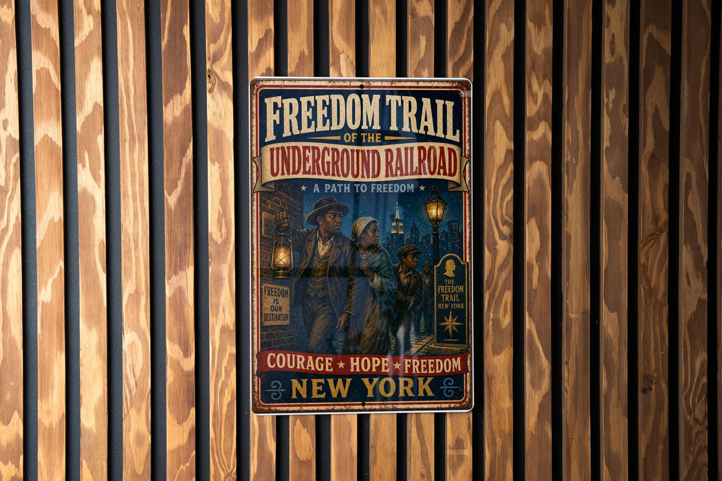 A vintage-style sign for the "Freedom Trail of the Underground Railroad" is displayed on a wooden wall.
